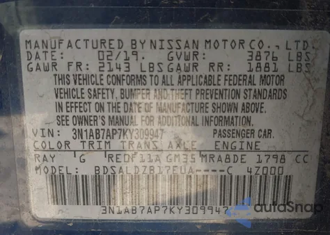 2019 Nissan Sentra Sv z USA, uszkodzony, nr VIN 3N1AB7AP7KY309947